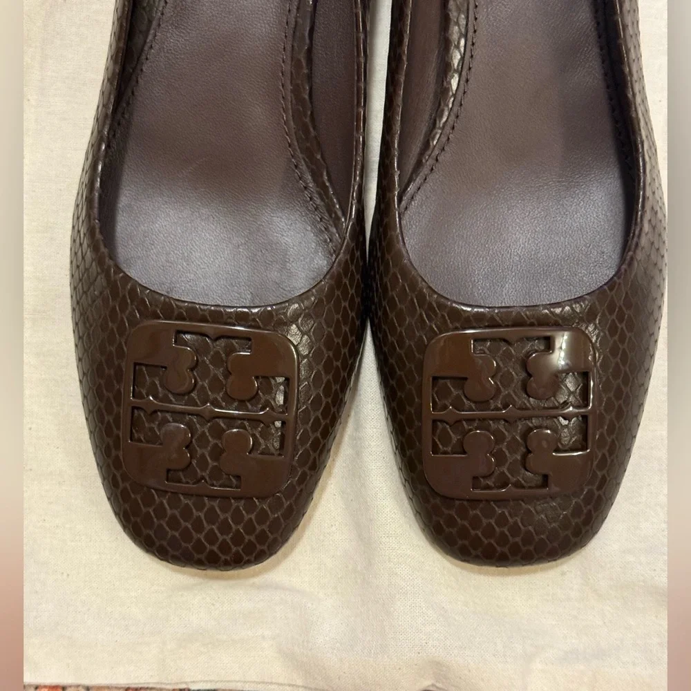 Tory Burch Brown Snake-Embossed Logo Ballet Flat